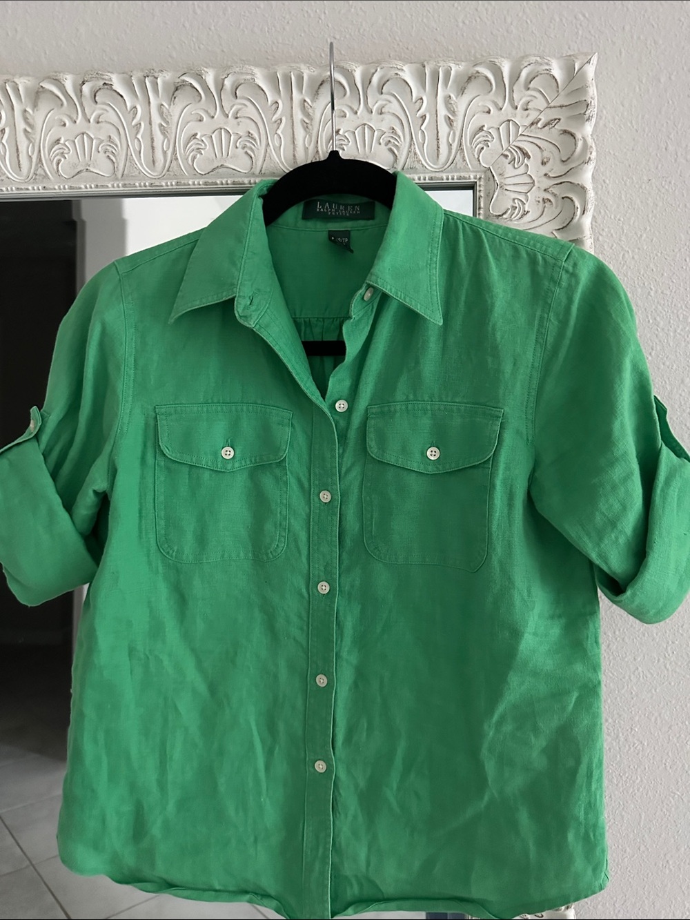 Lauren Ralph Lauren Linen Green Button-Down Shirt XSP